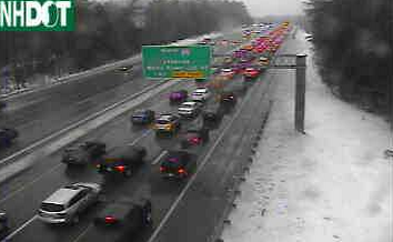 Traffic backed up on I-93 just above the Hooksett Tolls at about 2:30 on Jan. 18, 2015 due to icy road conditions.