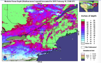 Snow depth map for our region indicates accumulation so far. Green = deep!