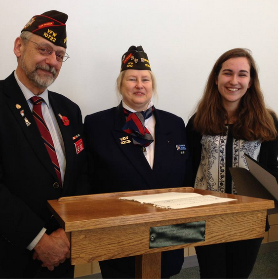 District 6 Commander Jorg Druesicke with QM/VOD Chair for 8214 with Elizabeth Lavoie, Voice of Democracy winner for Post 8214, District 6 and the state of NH. Elizabeth Lavoie who will be representing NH in the national competition in Washington, DC, and could win up to $30,000 in scholarship money.