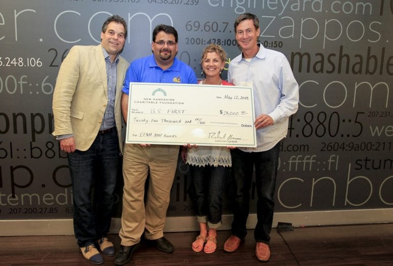 First of Manchester was chosen as winner of the Entrepreneurs Foundation of New Hampshire’s AMP NH Award Competition. Pictured here, from left to right, TK Kuegler, EFNH member and co-founder and general partner of Wasabi Ventures; Dan Hughes, First volunteer; Michelle Pierson, EFNH member; and John Gargasz, EFNH member and partner at 10X Venture Partners.