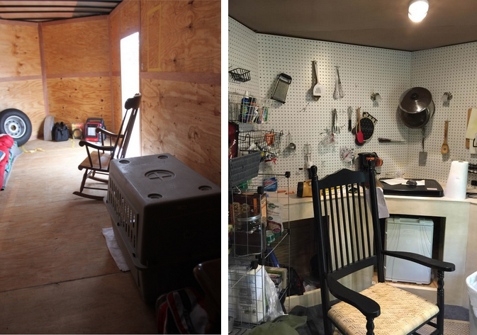 Before and after views of the interior of a utility trailer test home, inhabited by Liberty House Executive Director Keith Howard.