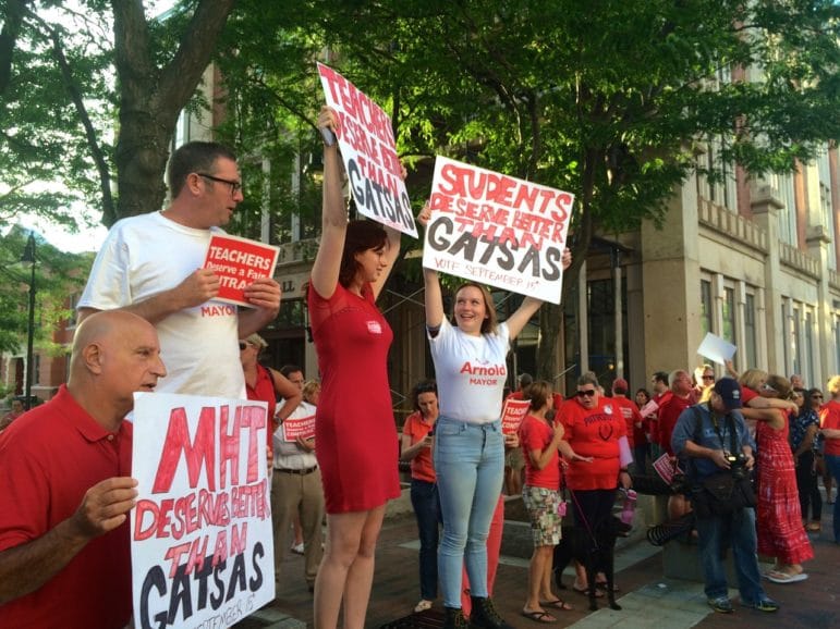 Students protest Mayor Gatsas in his decision to veto the proposed teacher contract.