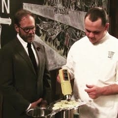 Alton Brown, host of Cutthroat Kitchen, with Joe Grella, Executive Chef at The Dugout and 1Oak on Elm