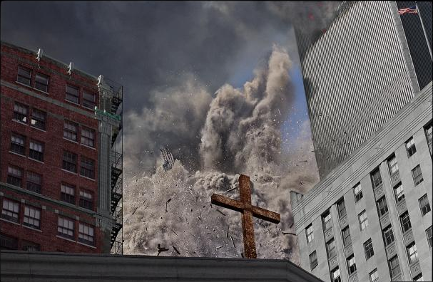 James Nachtwey, Collapse of the South Tower, Church of St. Peter on Church St. and Barclay, September 11, 2001 (printed 2014), digital chromogenic print, Currier Museum of Art, Manchester, New Hampshire. Museum Purchase: The Henry Melville Fuller Acquisition Fund, 2014.22.3. James Nachtwey.