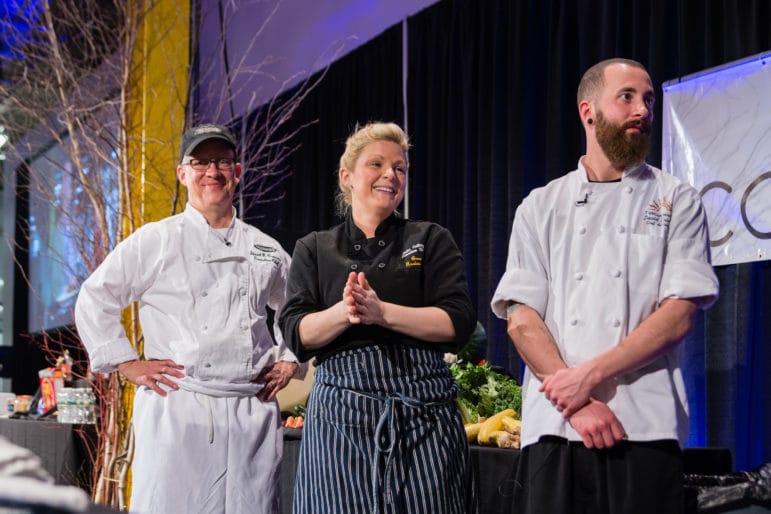 Quick fire challenge: From left, Stuart Cameron of the Hanover Street Chophouse, David Crinieri of the Tuscan Kitchen, and Julie Cutting of CURE Restaurant went head-to-head. A panel of judges selected Crinieri the winner.