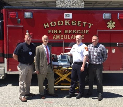 From left, Kevin Drew, CMC Director of Emergency Department and EMS Services; Loius Fink, MD and Medical Director of the New England Heart and Vascular Institute at CMC; Joseph Stalker, Hooksett Firefighter/Critical Care Paramedic; and Michael Kelley, CMC EMS/Tramua Coordinator.