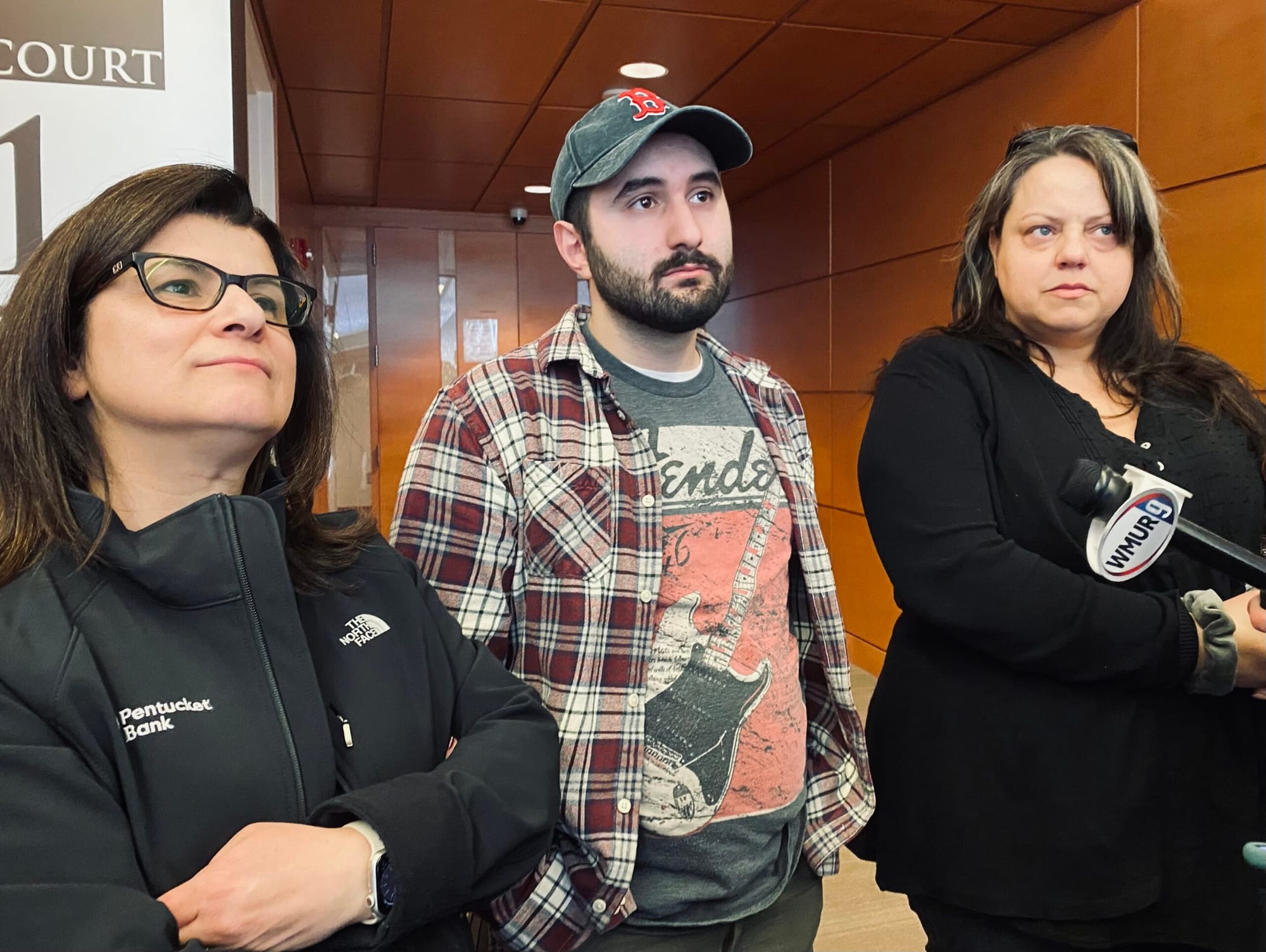 Marie Charabaty, Boutros Charabaty, and Ruth Shiebler talk with reporters after Anderson Pereira was convicted of killing Zak Charabaty./Pat Grossmith