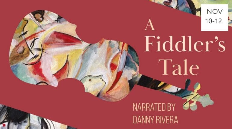 Graphic of a violin and the text A Fiddler's Tale narrated by Danny Rivera.