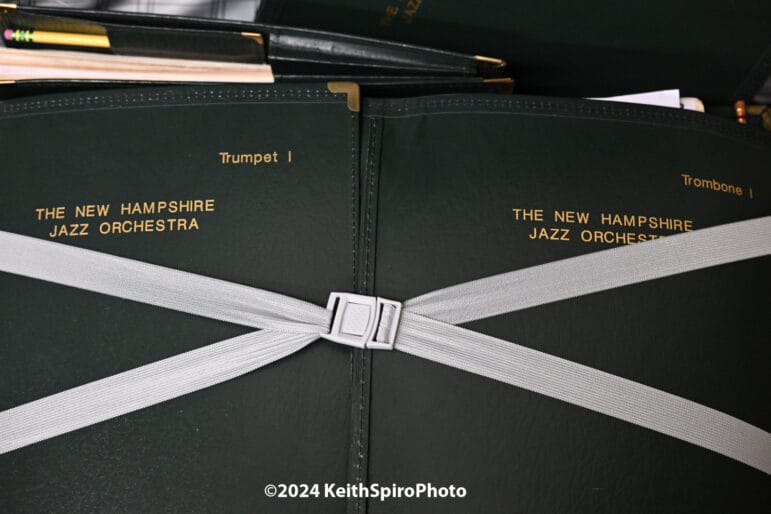 Welcome to the Club is a concert being presented by the NH Jazz Orchestra. This Keith Spiro photo shows the bound charts each musician will be using.