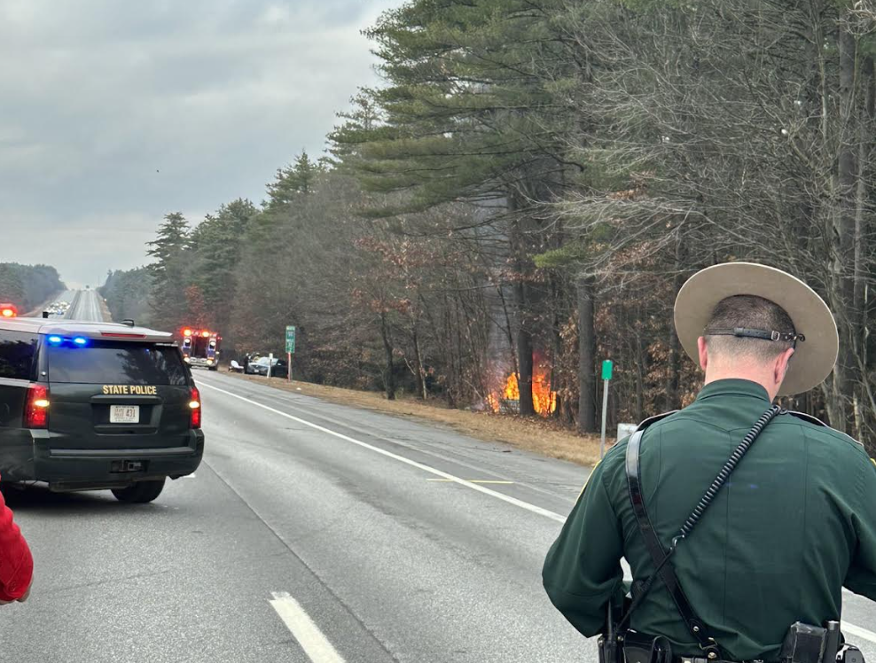 Vehicle crashes on I-93 in Bow, bursts into flames igniting ammunition inside post image