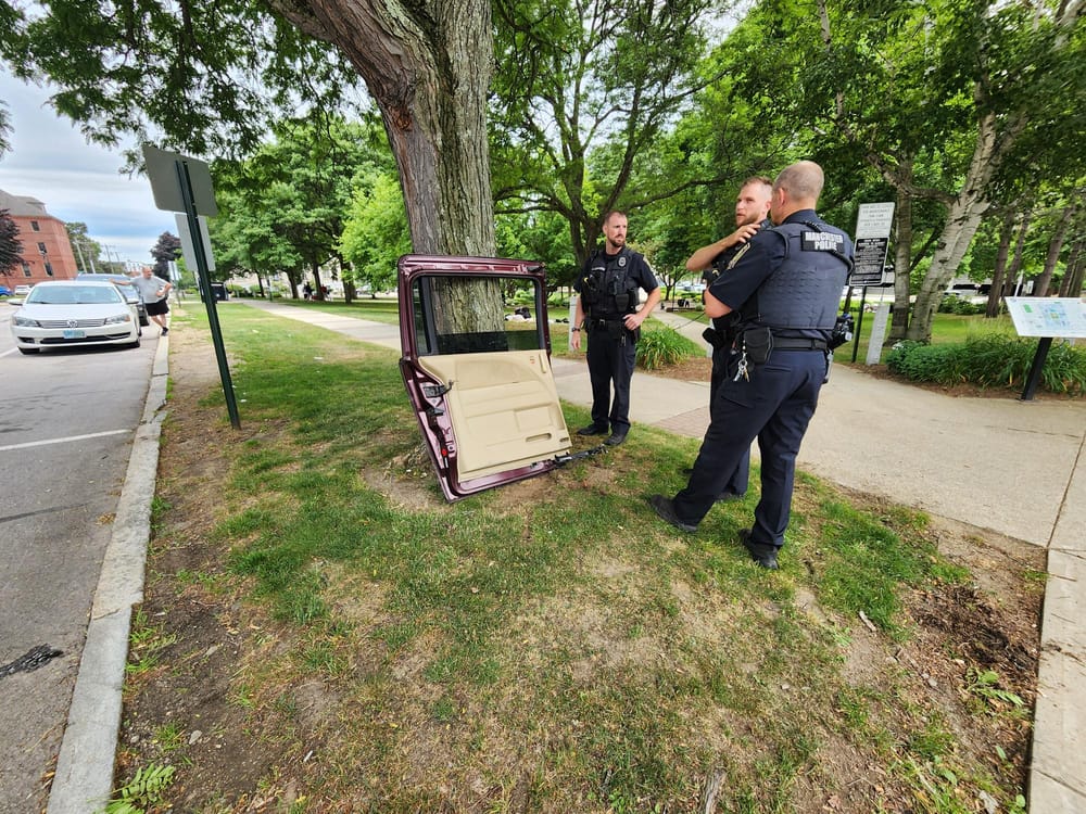 Woman chasing man drives van through park, hits tree, leaves van door behind post image