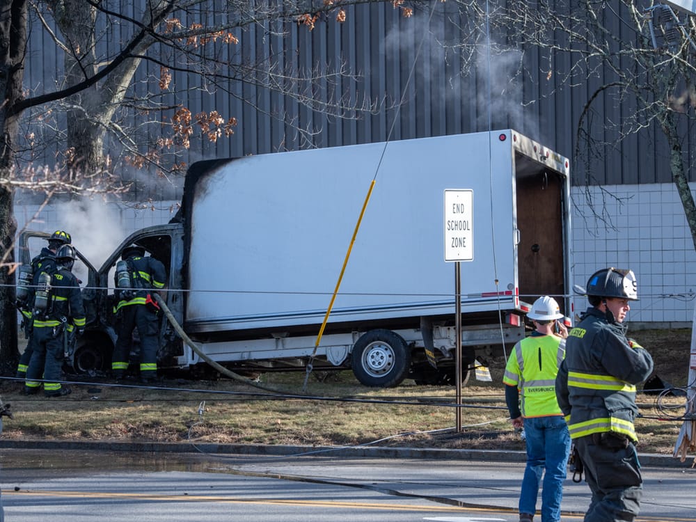 Truck catches fire after crashing into utility poles causing power outage post image